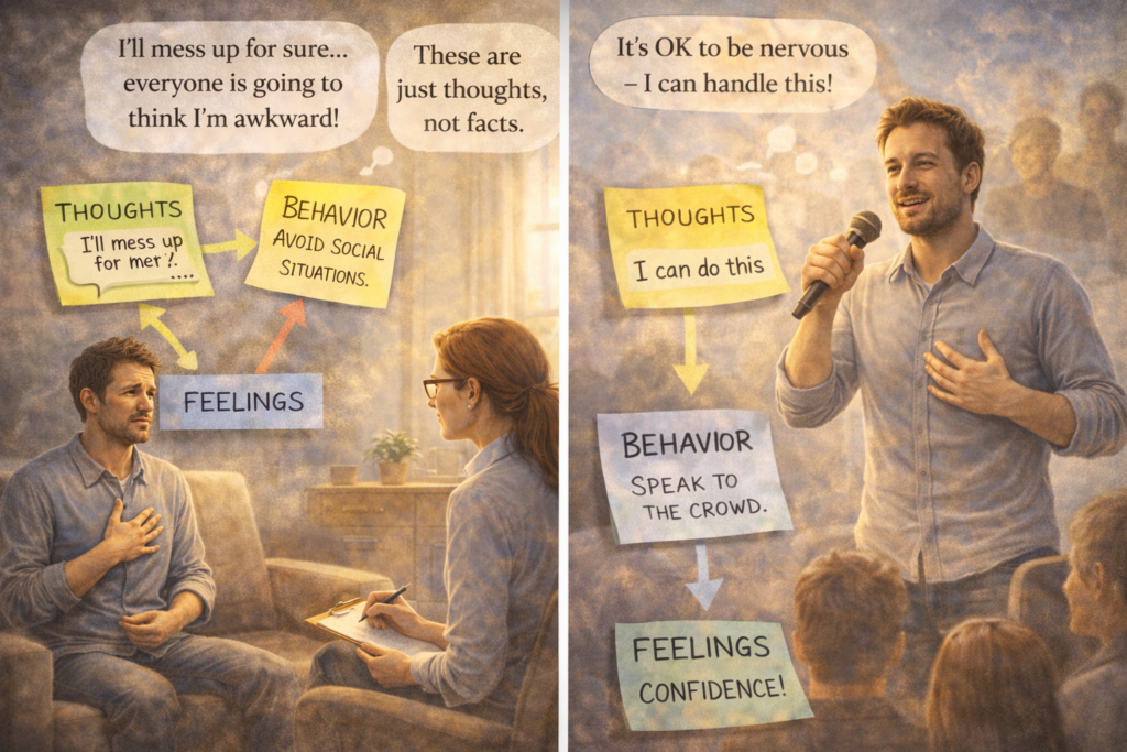 Το κοινωνικό άγχος (SAD) προκαλεί έντονο φόβο κριτικής σε κοινωνικές καταστάσεις. Αντιμετωπίζεται αποτελεσματικά με CBT.