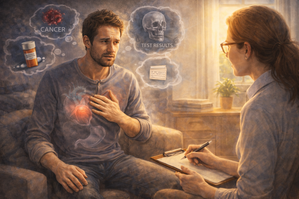 Το άγχος υγείας ή υποχονδρίαση προκαλεί υπερβολική ανησυχία για ασθένειες. Αντιμετωπίζεται με CBT και κλινική υπνοθεραπεία.